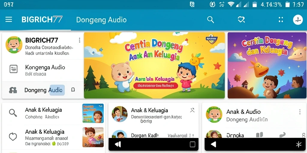 Tampilan antarmuka pengguna BIGRICH77 dengan koleksi cerita dongeng audio.